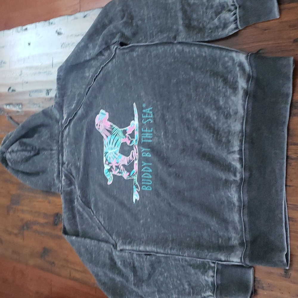 Buddy By The Sea Gray Hoodie with Embroidered Dog Logo Size L - New